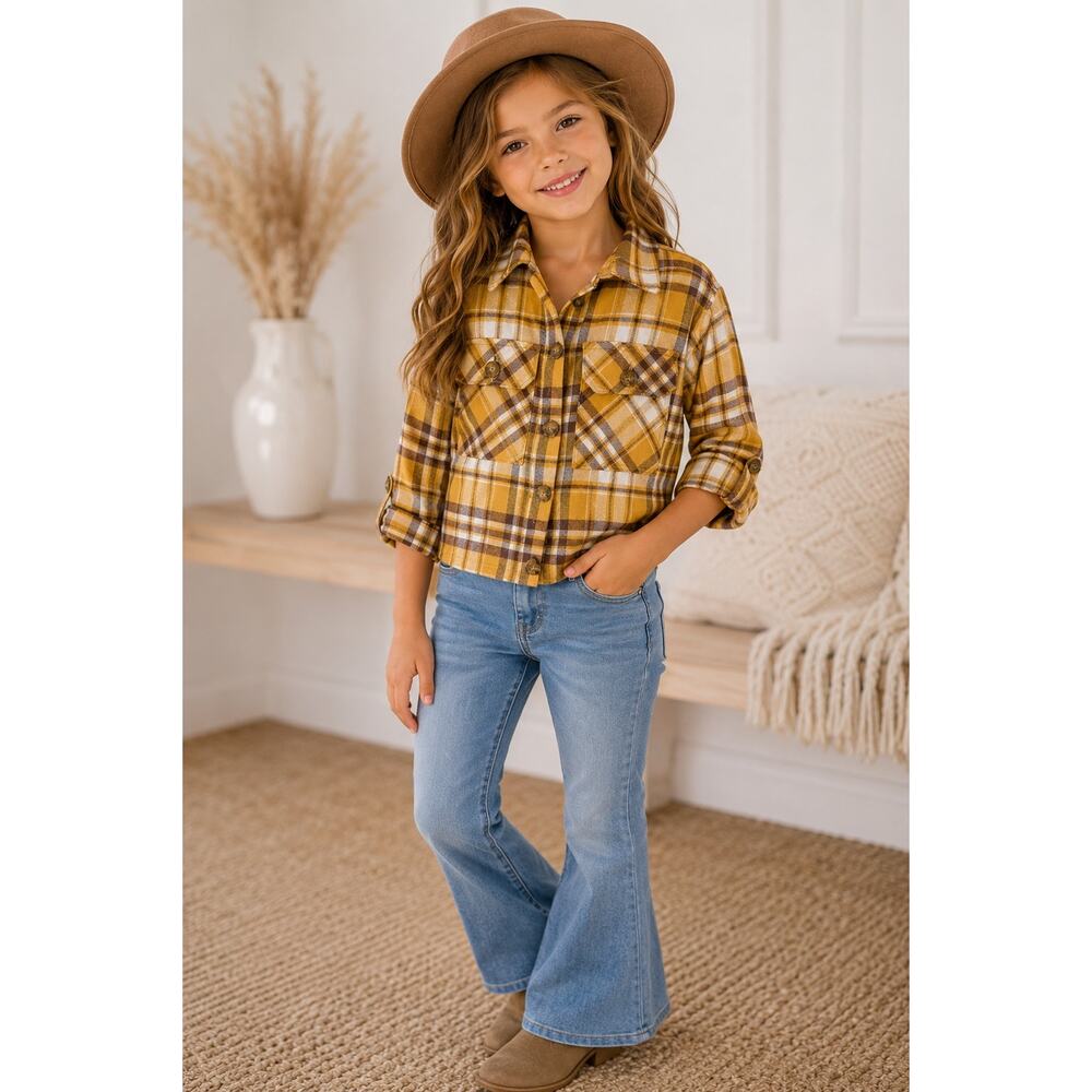 Beautees Yellow Plaid Button-Up Shirt with Pockets | Kids Size Small | NWT